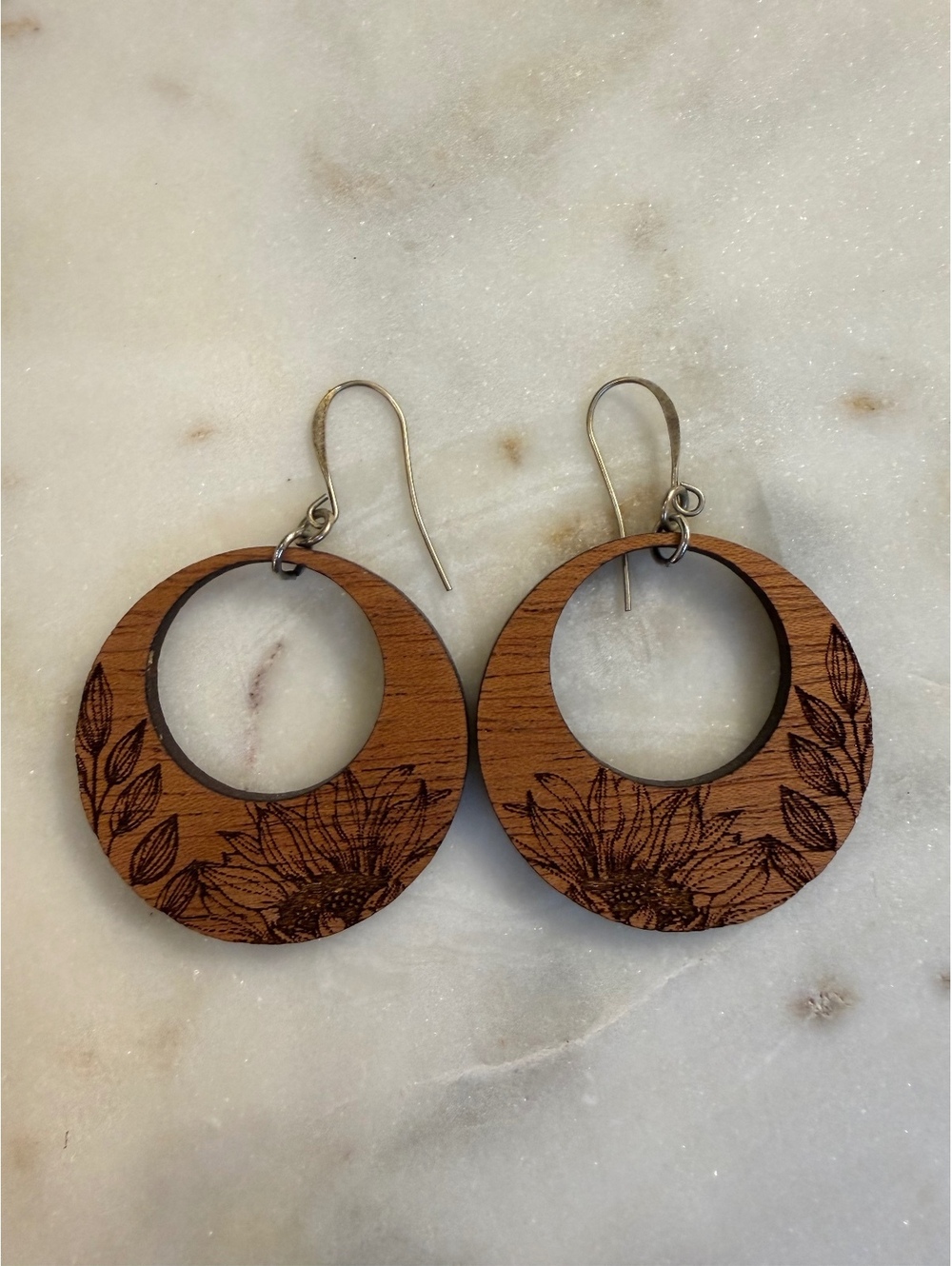 Wooden Sunflower hoop earrings